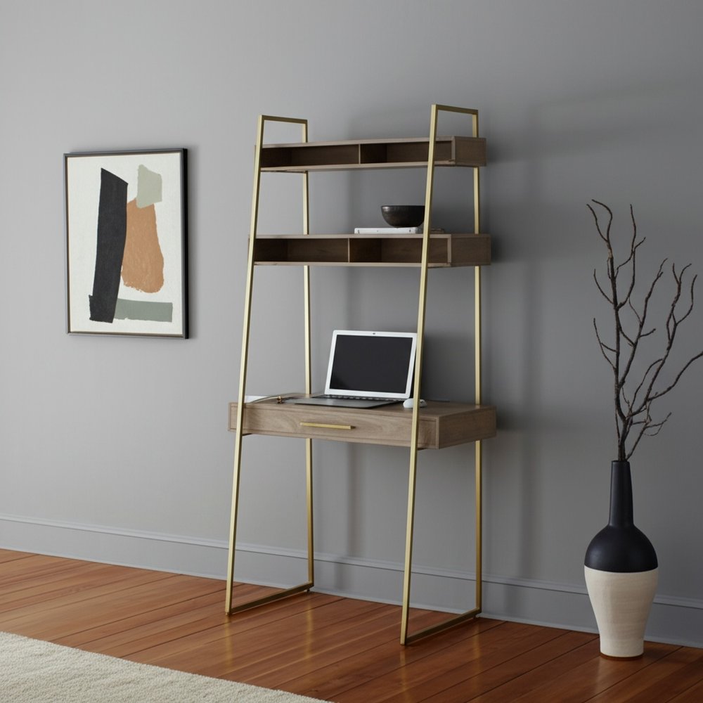 42" Brown and Gold Solid Wood and Metal Sled Ladder Desk