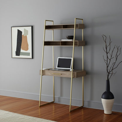 42" Brown and Gold Solid Wood and Metal Sled Ladder Desk